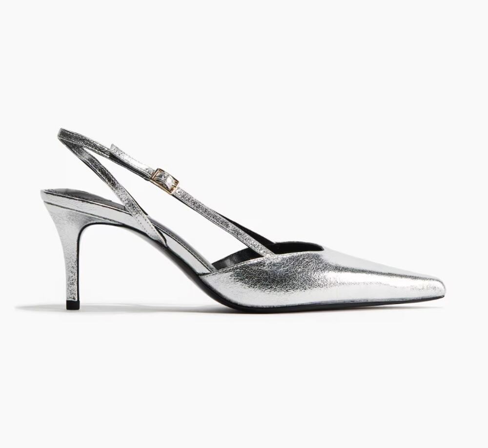 H&M Silver Metallic Slingback Pumps Women's EU 37 US 6.5 Pointed Toe Heels